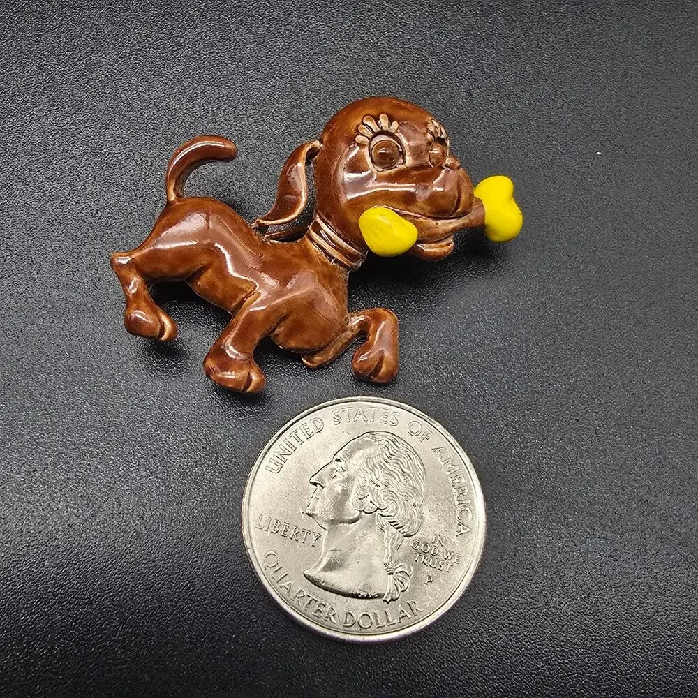 Brown Enamel Dog Brooch with Yellow Bone Vintage Costume Jewelry